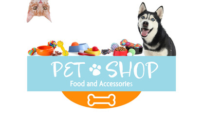 Advertising poster design for pet shop. Cute dog, cat and different accessories on white background