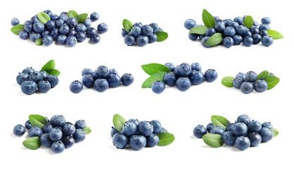 Set with fresh ripe blueberries on white background - obrazy, fototapety, plakaty