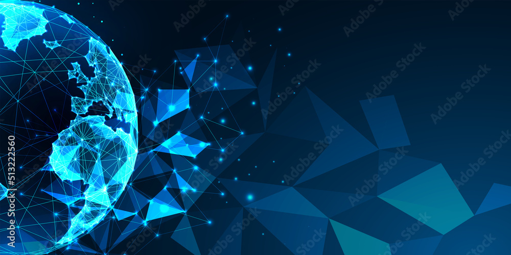 Wall mural concept of web 3.0 with planet earth globe in futuristic glowing low poly style on blue backgound.