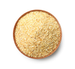 Bowl of dehydrated garlic granules isolated on white, top view