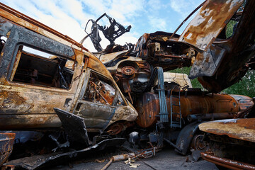 Incinerated vehicles piled up after Russian invasion to Irpin