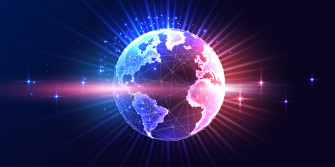 Concept of web 3.0, worldwide metaverse virtual reality world with earth globe in futuristic style