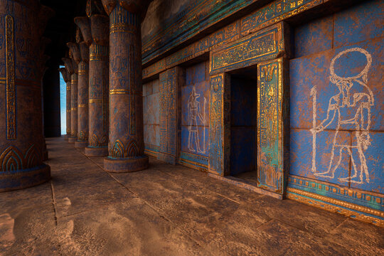 Ancient Egyptian temple or tomb entrance surrounded by blue and gold painted columns and walls. 3D illustration.