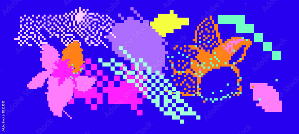 Poster Trendy vaporwave background with pixel art chaotic composition. Concept of a glitchy computer screen.