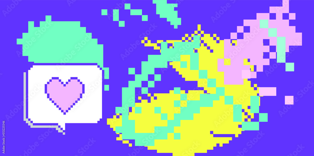 Poster trendy vaporwave background with pixel art chaotic composition. concept of a glitchy computer screen