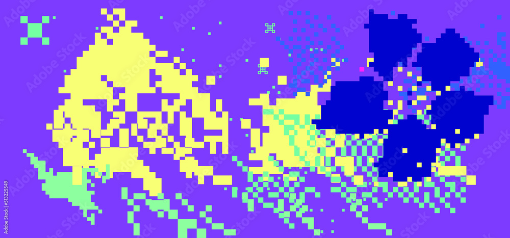 Poster trendy vaporwave background with pixel art chaotic composition. concept of a glitchy computer screen