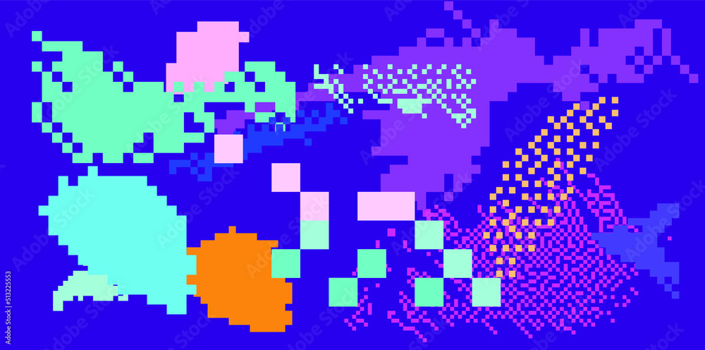 Aufkleber Trendy vaporwave background with pixel art chaotic composition. Concept of a glitchy computer screen.