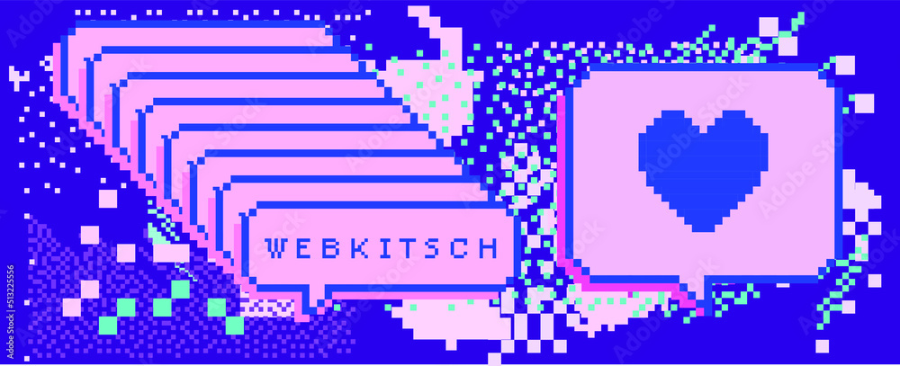 Poster Trendy vaporwave background with pixel art chaotic composition. Concept of a glitchy computer screen.