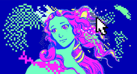 Pixel art vector illustration of Venus in anime style. Webpunk and webkitsch aesthetics.