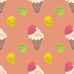 Vintage style seamless pattern with ice cream and strawberries. Retro groovy print for fabric, paper, T-shirt. Aesthetic vector background for decor and design.