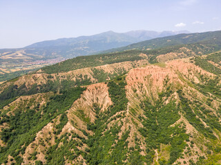 Aerial view of rock formation Stob pyramids, Bulgaria