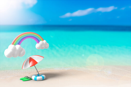 海とパラソルの夏イメージ　Summer concept of sea and beach umbrella, 3d rendering.	