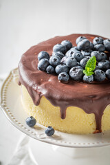 Sweet and hot tasty cheesecake with chocolate and fruits.