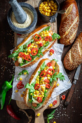 Spicy hot dogs made of spicy sauce and pork sausage.