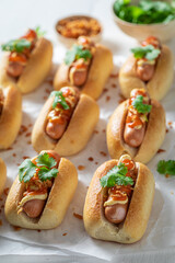 Spicy and delicious mini hot dogs as fast food.