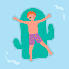 Relaxed little boy on inflatable mattress. Summer swimming pool vector illustration