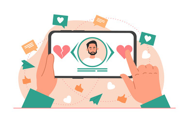 Dating application concept. Woman evaluates portrait of man, mobile program for selecting couples for romantic dates. Communication on Internet and social networks. Cartoon flat vector illustration