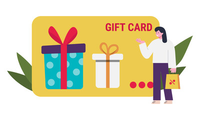 Shopping gift certificate concept illustration. Icon composition with card, gift box and discounts on purchases. Loyalty program and bonuses. Vector illustration for modern web design
