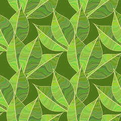 Floral seamless pattern of green textured leaves on dark green background
