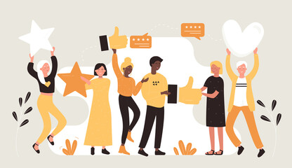 Best survey experience, support and good review evaluation from tiny people. Cartoon happy satisfied customers holding stars, thumbs up and heart likes flat vector illustration. Feedback concept
