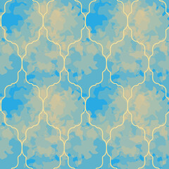 Sun shined clouds in blue sky, through the figured window grate. Abstract seamless pattern. Vector watercolor imitation