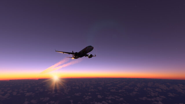 Commercial airplane flying over the amazing sunset, 3D illustration.