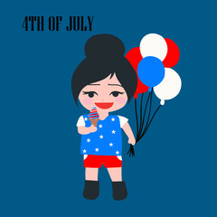 Lady, American woman celebrate holding ice cream and balloons on 4th of July