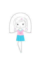 girl with jump rope. Funny and cute characters. Isolated vector illustration for print, surface design, fashion.