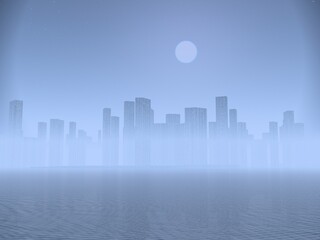 Fototapeta na wymiar 幻想的な都市と月