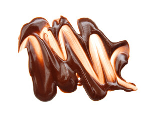 Close up of chocolate syrup leaking on white background