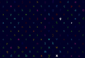 Dark multicolor, rainbow vector background with signs of alphabet.