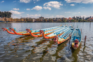 Close-up of dragon boat on lake in outdoor park