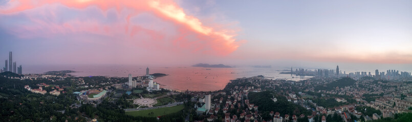 Aerial photography Qingdao green ecological coastline cityscape panorama