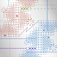 An abstract illustration of two computer networks and the communications going on to and from them