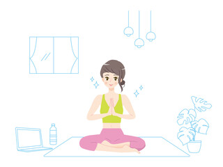 オンラインヨガをする若い女性のイラスト素材