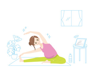 自宅でマタニティヨガをする若い女性のイラスト素材