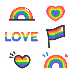 hearts flags and rainbows for pride month sticker kawaii doodle cartoon vector