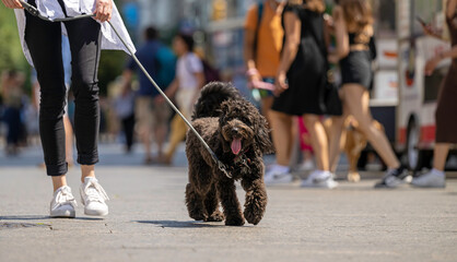 Cheery Black Aussiedoodle with Tongue Out Walks in the Sun in New York City on Pavement