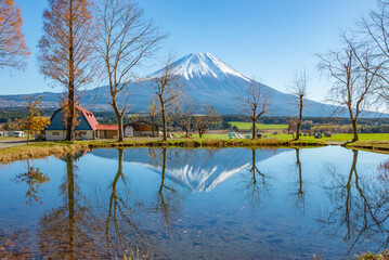 Scenic view of Fuji mountain reflection in Autumn morning at Fumotoppara Campground, Fujinomiya,...