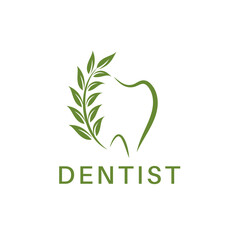 Dental logo design, nature with green leaf line symbol, dentist, simple vector template