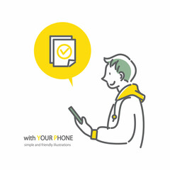 スマホを使ってオンライン手続きをする若い男性　シンプルでお洒落な線画イラスト