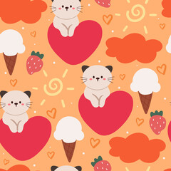 seamless pattern cartoon cat, strawberry, ice cream and orange sky. cute wallpaper for kids, cute animal drawing