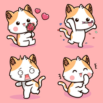 Set of a cute cartoon cat in various poses and with different emotions
