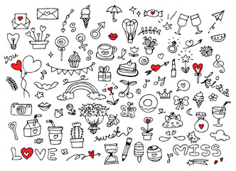 Set of doodle for love by hand drawn, cute decoration vector