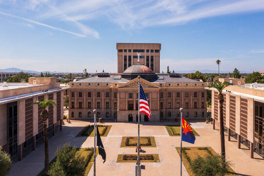 Phoenix, Arizona. Capitol building with flags