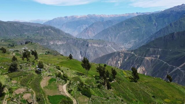 Colca Canyon, Peru: Aerial drone footage of the famous Colca Canyon near Cabanaconde in the Andes mountains in Peru in South America in the Arequipa region. 