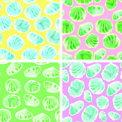 A set of seamless vector backgrounds. Textures of meringue drawings of candy desserts, Confectionery. Stylization of watercolors. For packaging design. vector