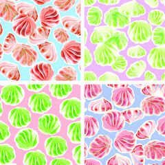 A set of seamless vector backgrounds. Textures of meringue drawings of candy desserts, Confectionery. Stylization of watercolors. For packaging design. vector