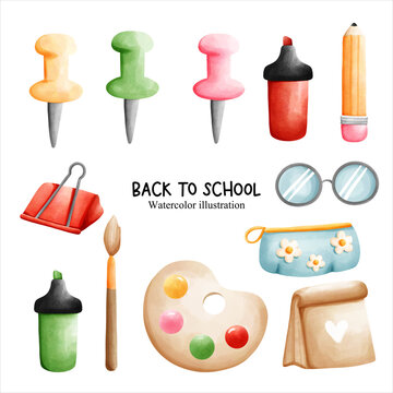 Back to school, watercolor stationary. Vector illustration.