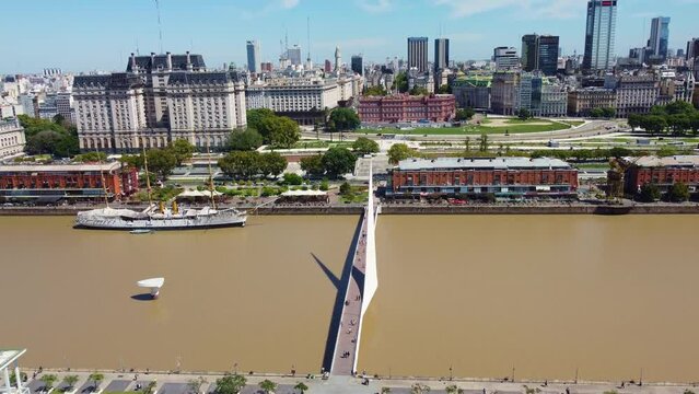 Buenos Aires, Argentina: Aerial drone footage of Buenos Aires downtown district with the Casa Rosada, the Pink House, along the puerto madero harbor in Argentina capital. Shot with a tilt up motion